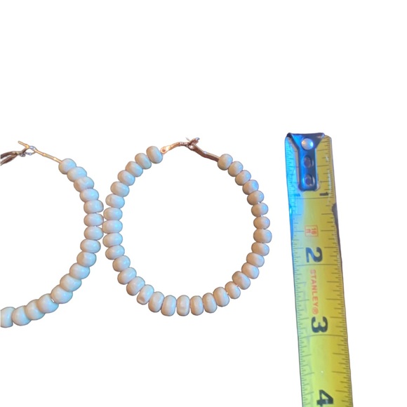 Oversized Boho Style Tan Beaded Hoop Earrings - Picture 4 of 5